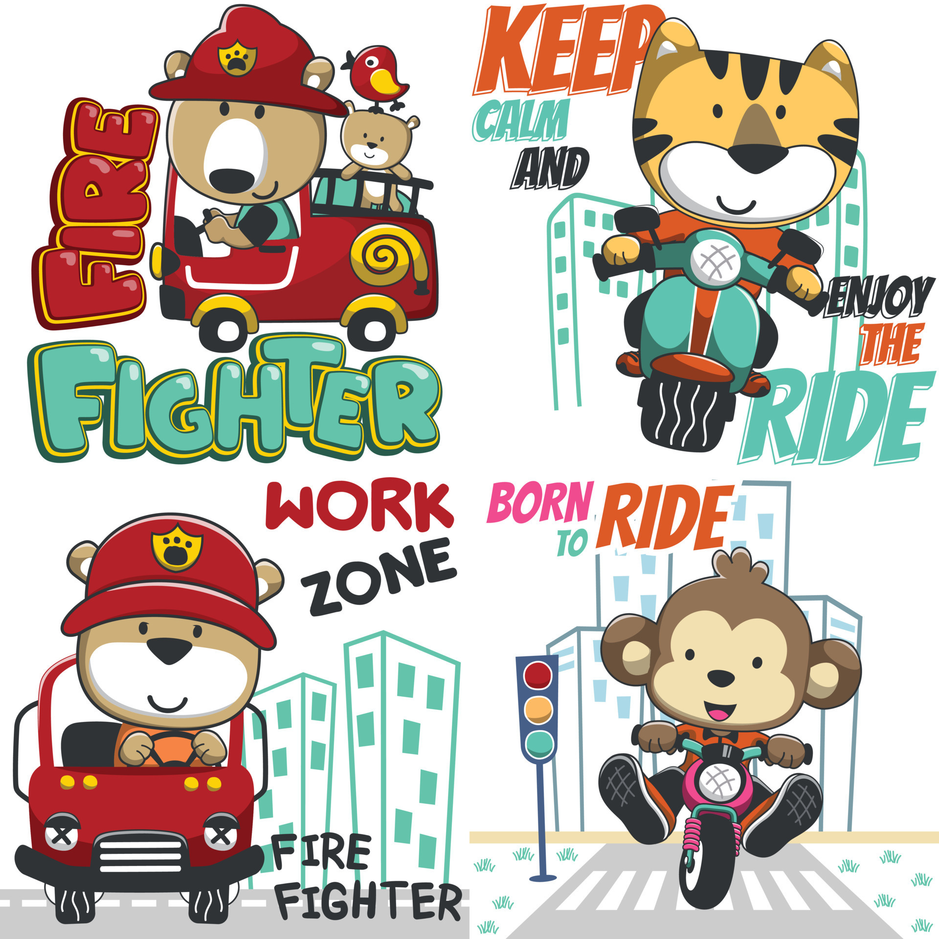 Set Of Cartoon Kid Animal Activity Bear The Fire Fighter Tiger Riding parts-of-the-body-spanish-anchor-chart-jungle-academy-spanish