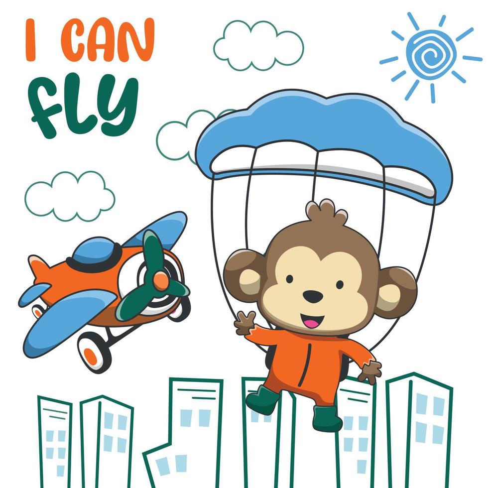 Vector illustration of a cute little monkey flying with a parachute. with cartoon style. Creative vector childish background for fabric textile, nursery wallpaper, poster, card, and other decoration.