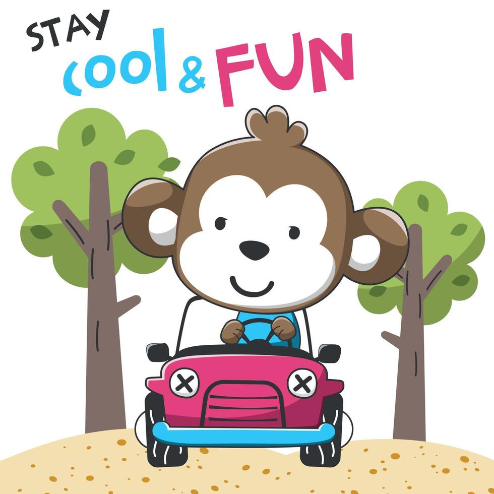 Vector illustration of funy monkey driving the red car. Funny background cartoon style for kids. Little adventure with animals on the road for nursery design, cartoon tshirt art design.