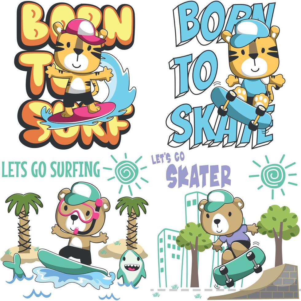 Set of cartoon kid animal activity. Tiger and bear surfer and skateboarder. Cartoon Isolated objects on white background. Concept for children print. vector