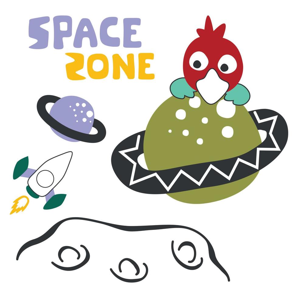 Vector bird character  in the space with planet and rocket isolated on white background