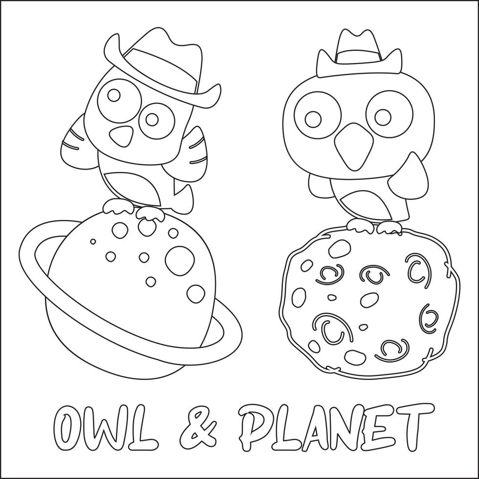 Vector bird character  in the space with planet and rocket isolated on white background Childish design for kids activity colouring book or page.