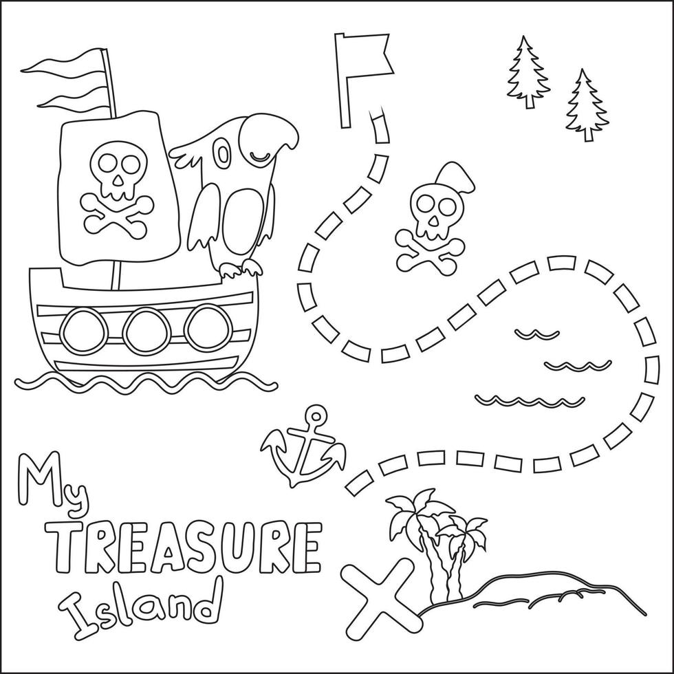 Vector illustration of pirate bird has found the treasure in cartoon style. Pirate flag, treasure chest. Isolate on a white background. Childish design for kids activity colouring book or page.