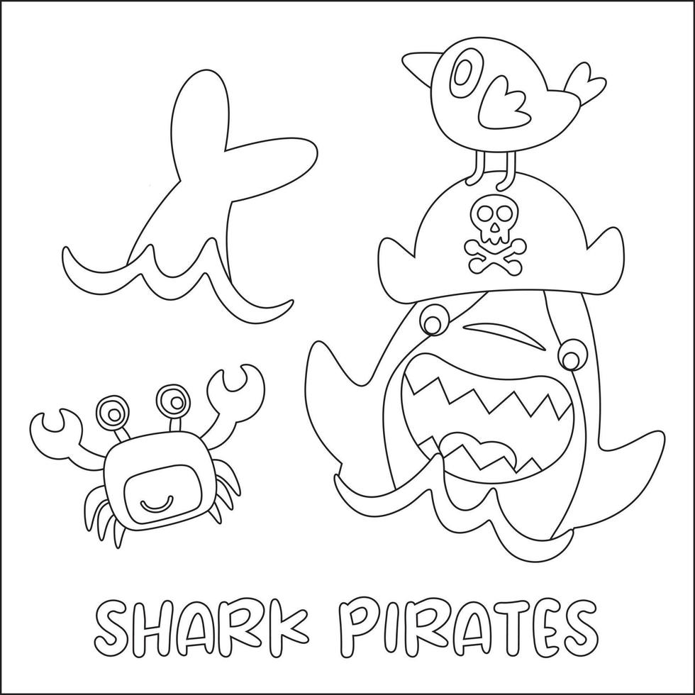 Funny pirate shark cartoon with little friends under the sea, isolated on white background illustration vector. Childish design for kids activity colouring book or page. vector