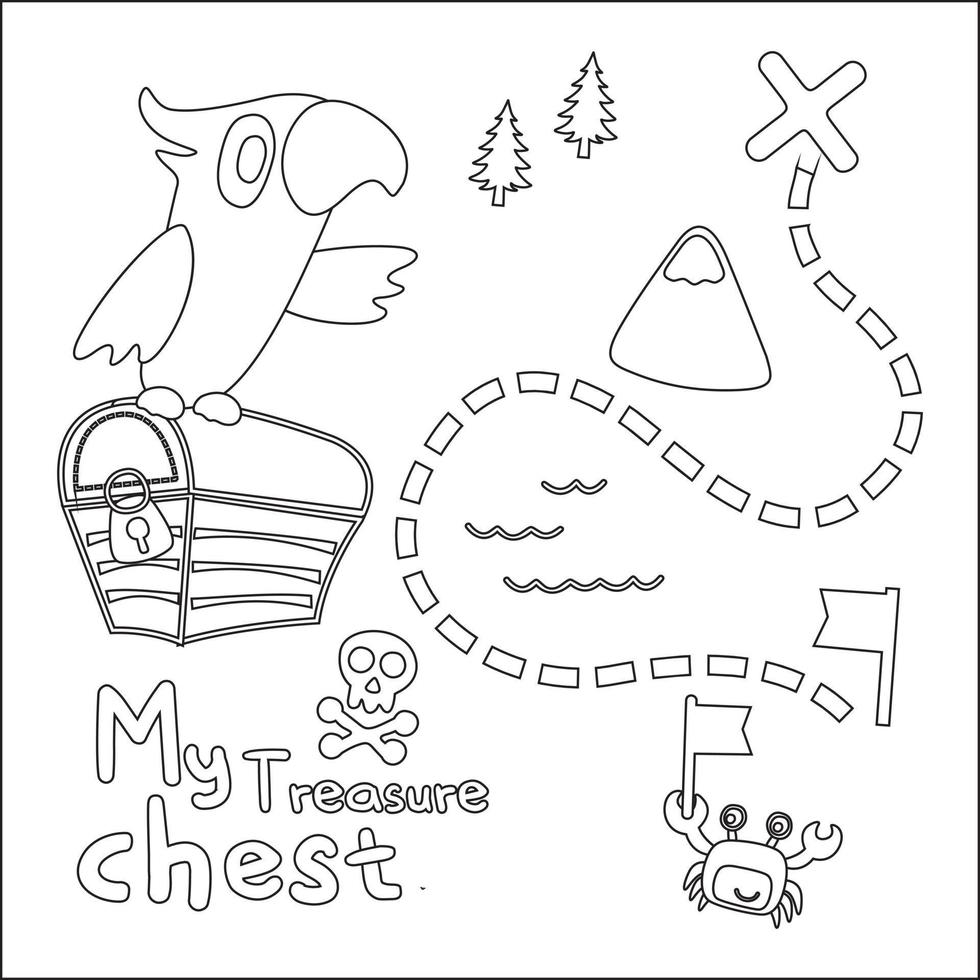 Vector illustration of pirate bird has found the treasure in cartoon style. Pirate flag, treasure chest. Isolate on a white background. Childish design for kids activity colouring book or page.