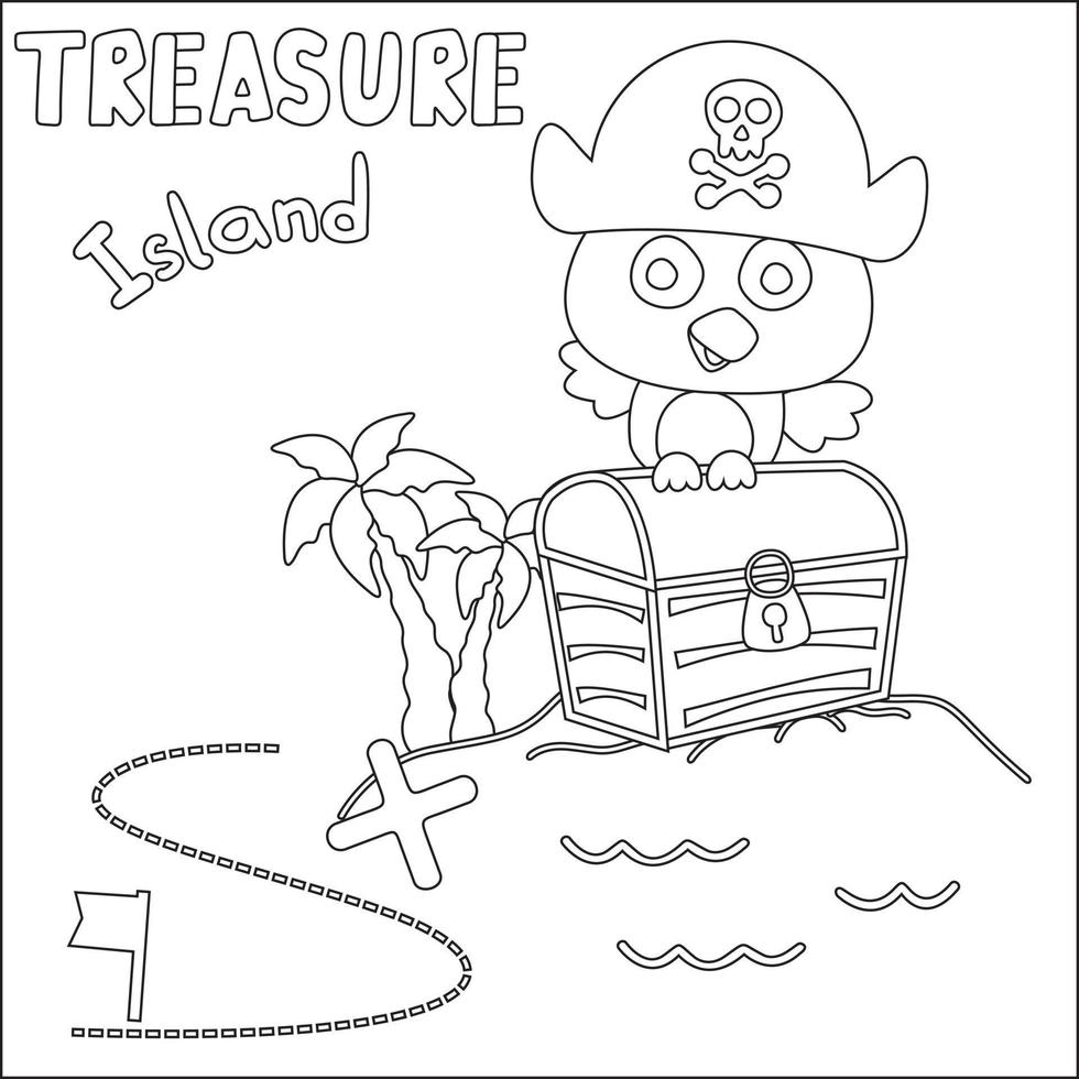 Vector illustration of pirate bird has found the treasure in cartoon style. Pirate flag, treasure chest. Isolate on a white background. Childish design for kids activity colouring book or page.