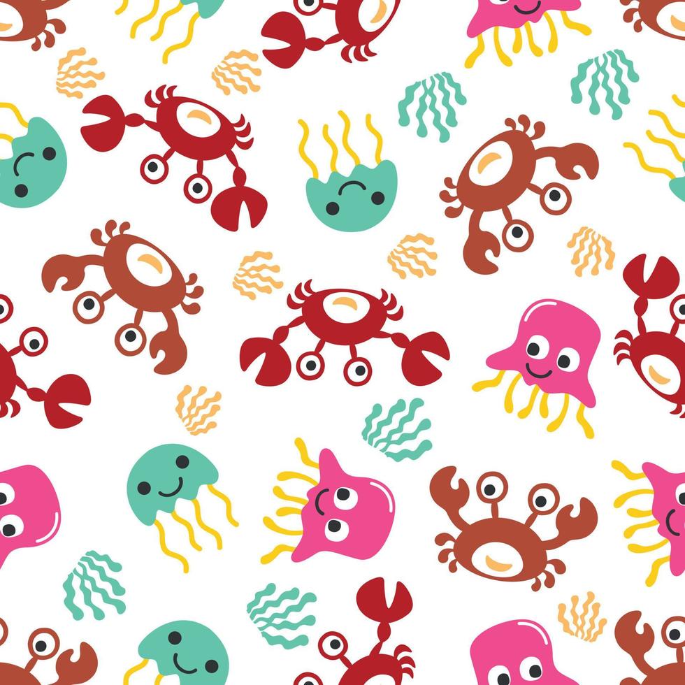 seamless pattern of Cartoon sea animals. Cute funny crab and jellyfish. Can be used for t-shirt print, Creative vector childish background for fabric textile, nursery wallpaper and other decoration.