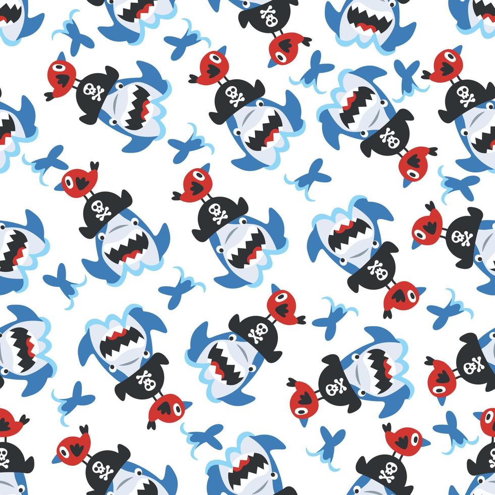 Seamless pattern of funny pirate shark cartoon with little friends under the sea, isolated on white background illustration vector. vector