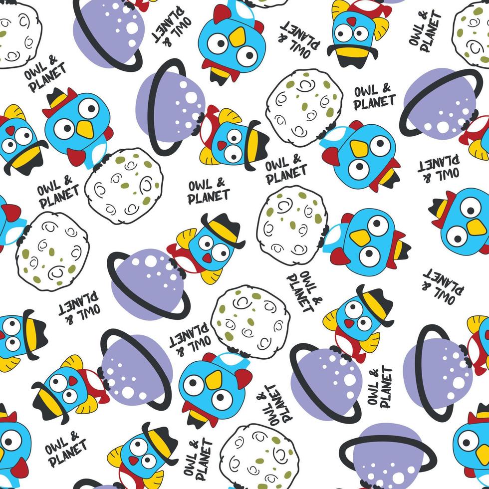 Vector bird character  in the space with planet and rocket isolated on white background, Can be used for t-shirt print, fabric textile, nursery wallpaper and other decoration