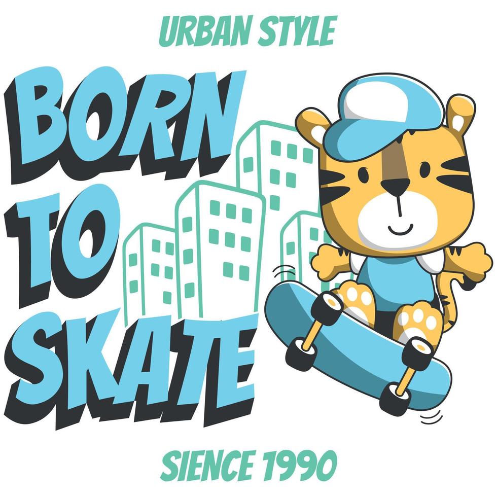 Cute cartoon character bear skater. Vector print with cute tiger on a skateboard. Can be used for t-shirt print, kids wear fashion design, fabric textile, nursery wallpaper and other decoration.
