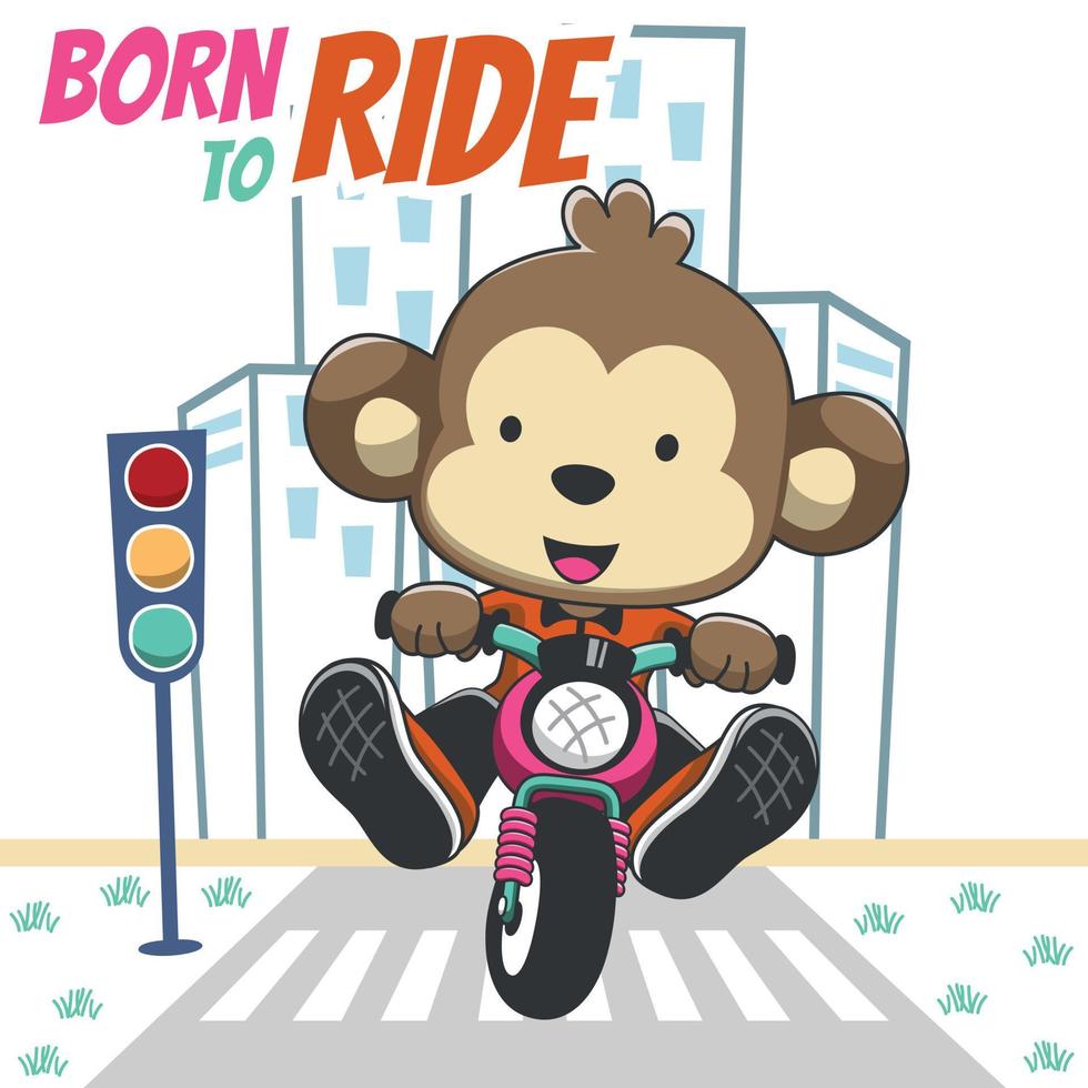 Vector illustration ofcute monkey ride a motorcycle, Can be used for t-shirt print, kids wear fashion design, invitation card. fabric, textile, nursery wallpaper, poster and other decoration.