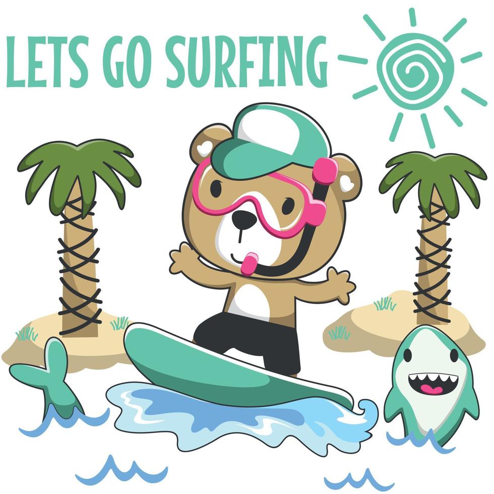 vector ilustración de linda pequeño oso con un tabla de surf, gracioso antecedentes dibujos animados estilo para niños para guardería diseño, verano Deportes camiseta impresión.