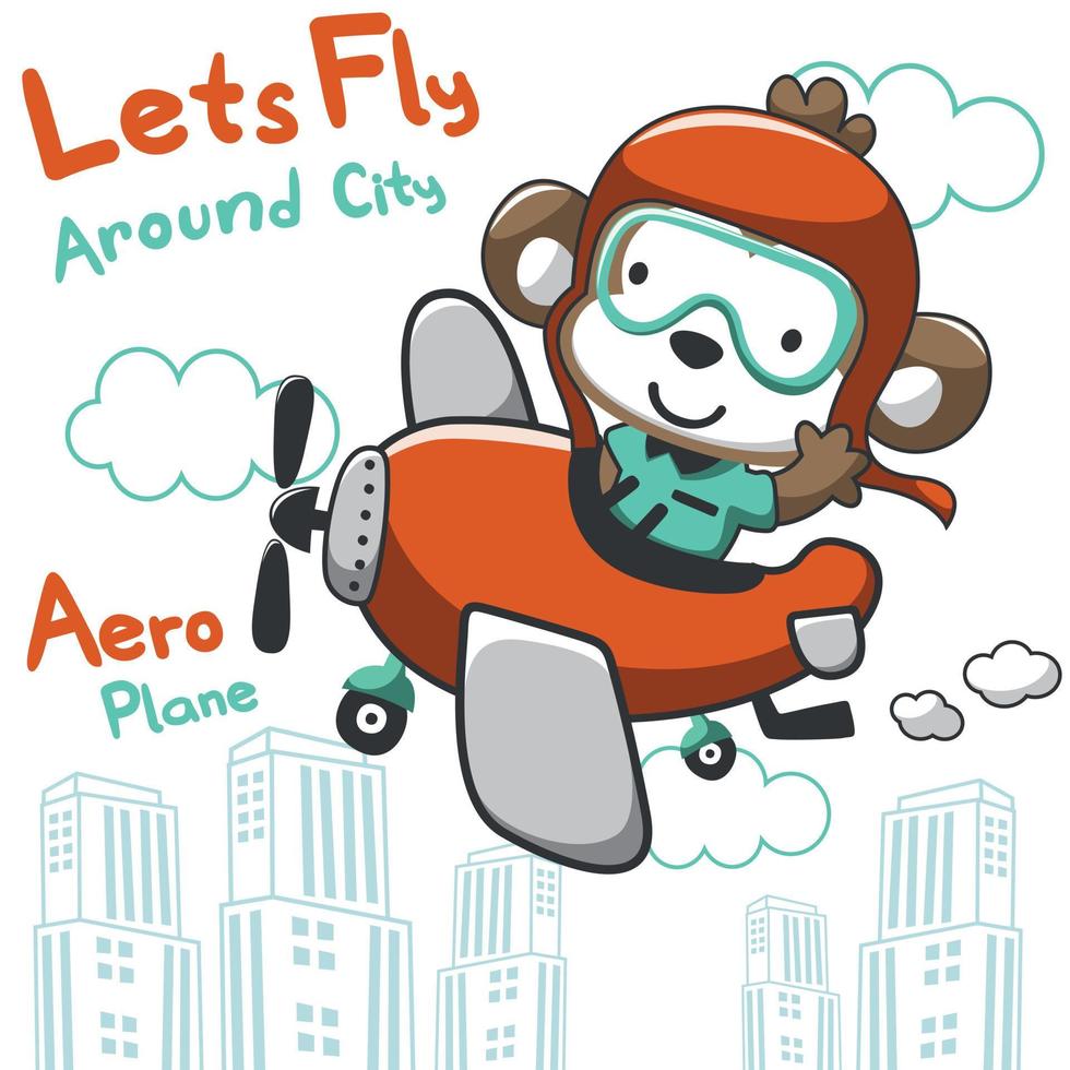 cute monkey flying on a plane. cartoon hand drawn vector illustration. can be used for kids baby t shirt print design, fashion graphic, baby shower card, celebration greeting and invitation card