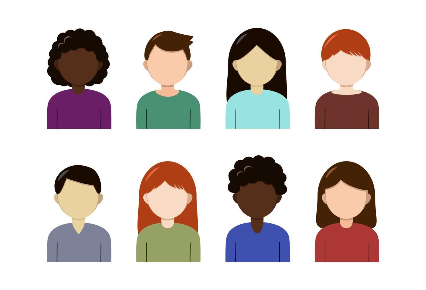 vector personas avatares colocar. aislado plano diferente caracteres multicultural grupo hombres y mujer en blanco