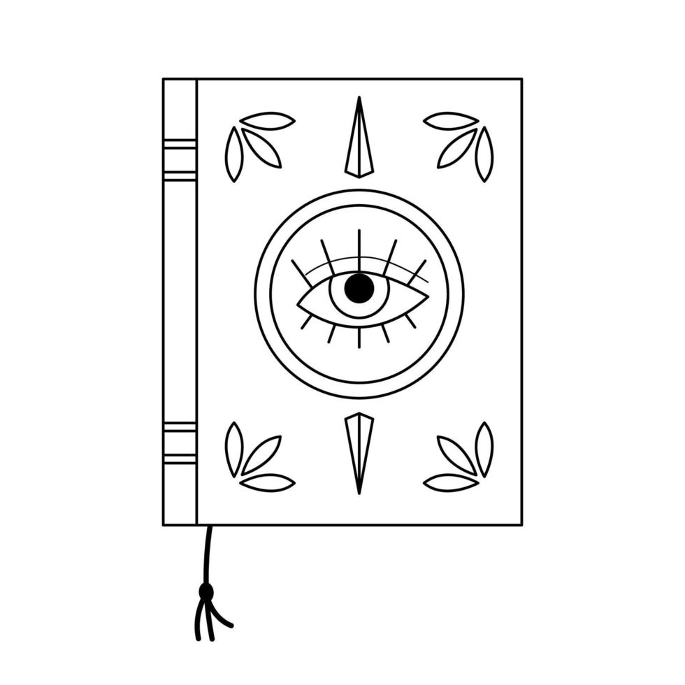 Linear magic book cover vector illustration. Isolated outline mystic spells book on white