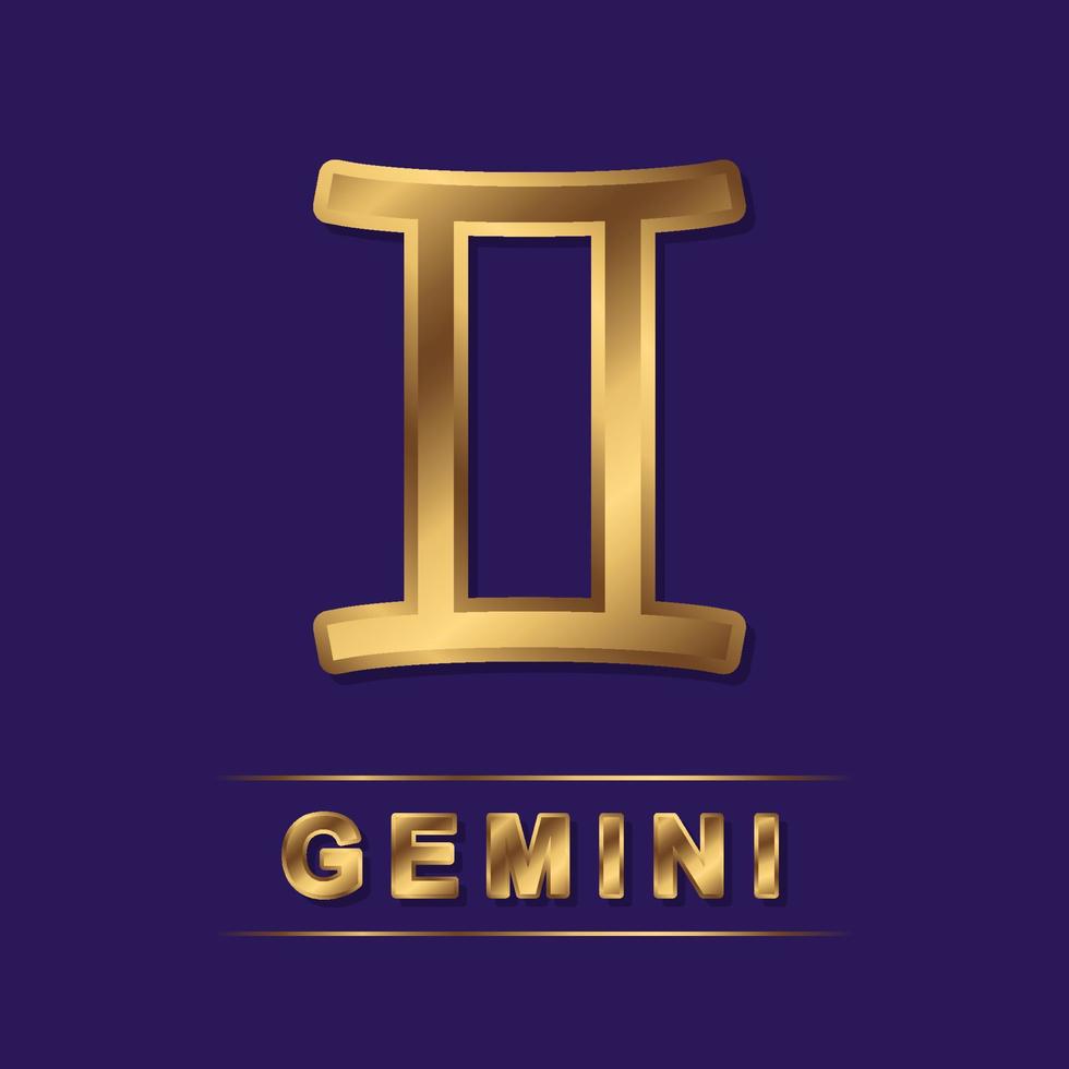 Gemini zodiac golden vector sing with gold letters on the purple background. Vector horoscope symbol for design