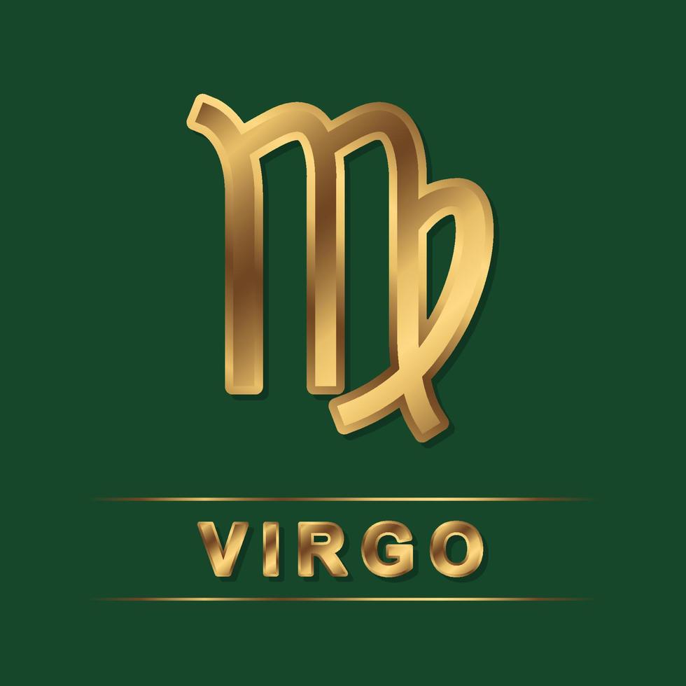 Virgo zodiac golden vector sign with gold letters on the dark green background. Vector horoscope symbol for design