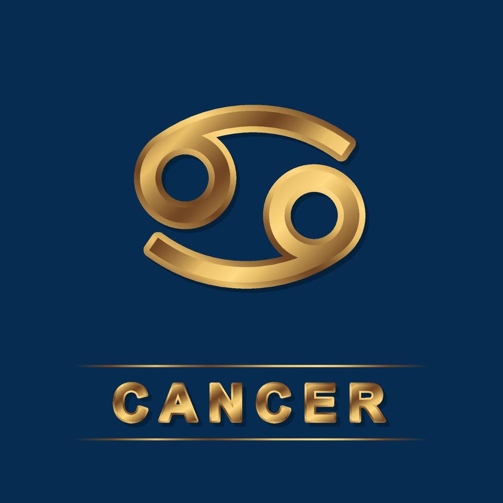 Cancer zodiac golden vector sing with gold letters on the dark blue background. Vector horoscope symbol for design