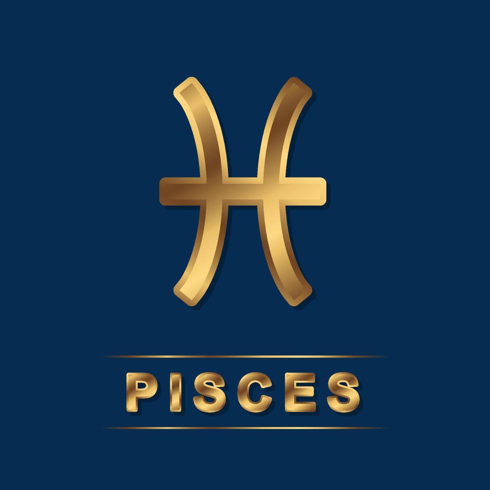 Pisces zodiac golden vector sing with gold letters on the dark blue background. Vector horoscope symbol for design