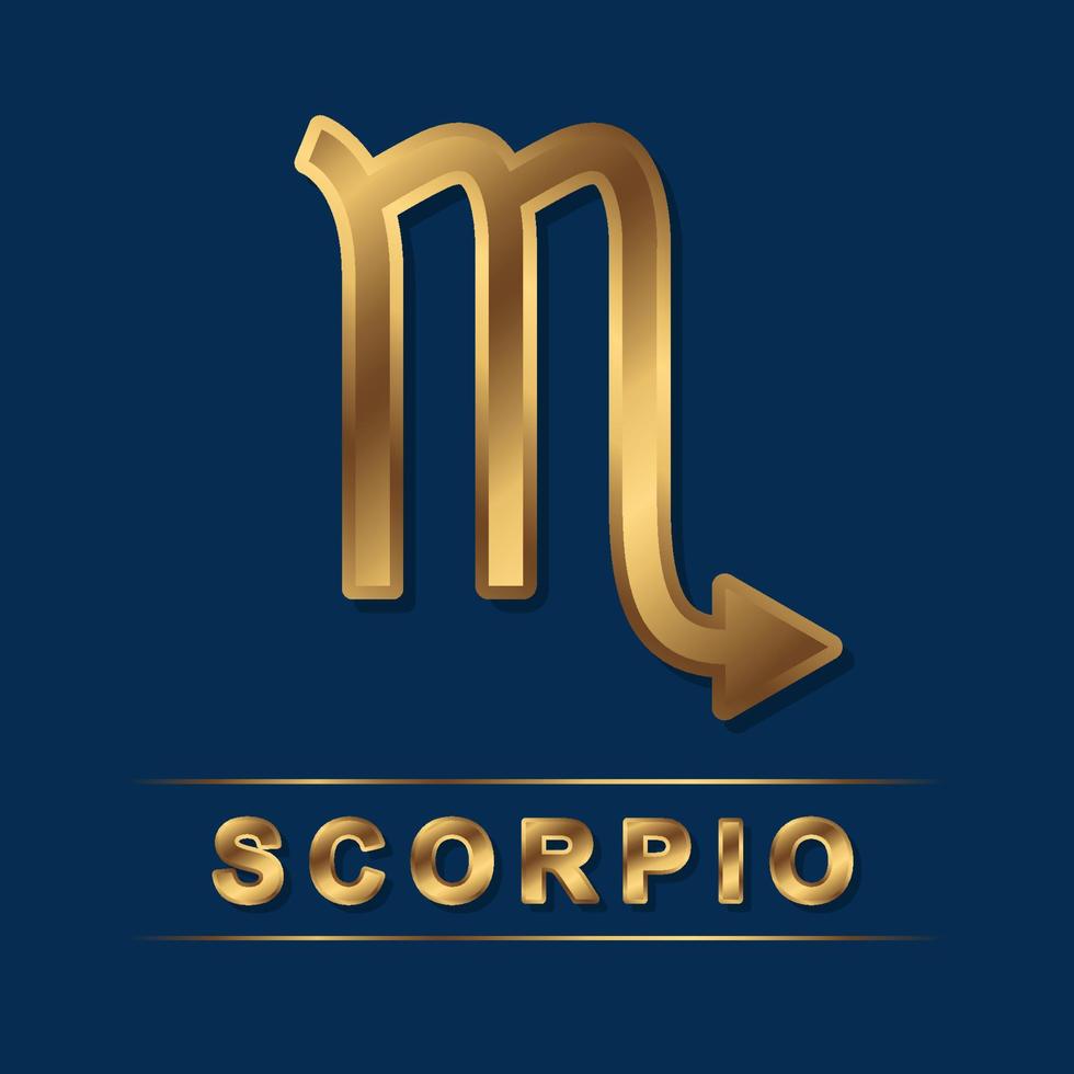 Scorpio zodiac golden vector sing with gold letters on the dark blue background. Vector horoscope scorpio symbol for design