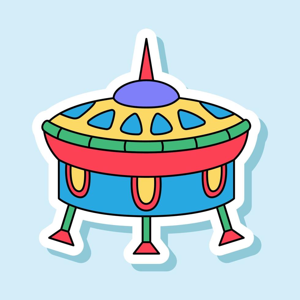 Vector UFO cartoon sticker in retro colors. Isolated colorful spaceship badge with white contour