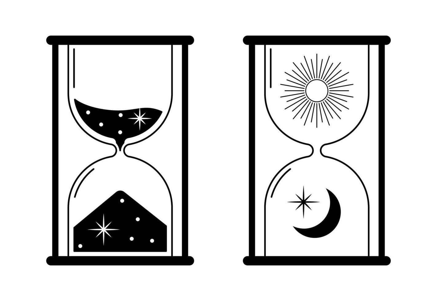 Vector vintage hourglass with dark starry sand inside to measure time. Esoteric astrology symbol isolated on white