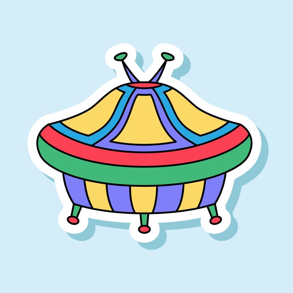 Vector UFO cartoon sticker in retro colors. Isolated colorful spaceship badge