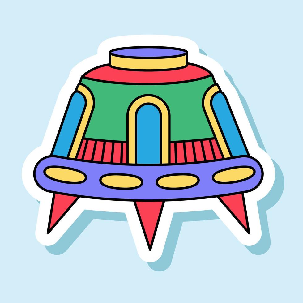 Vector UFO toy cartoon sticker in retro colors. Isolated colorful spaceship badge