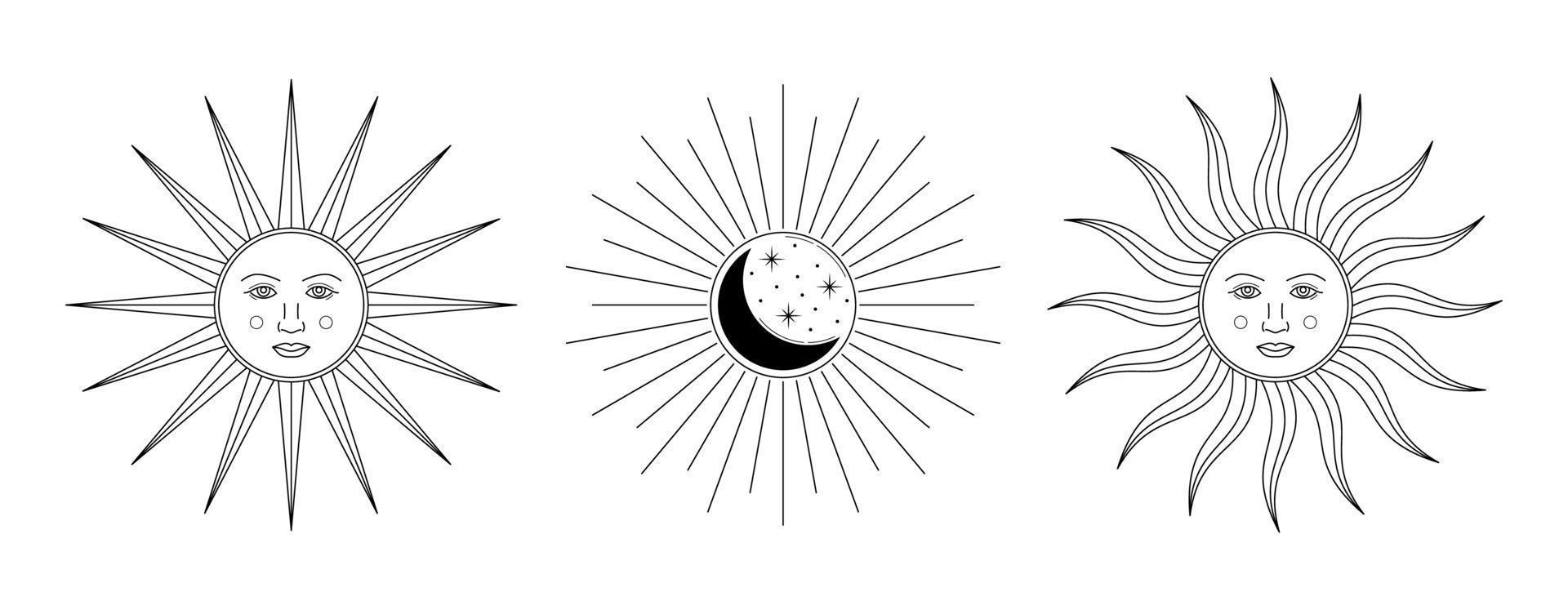 Vector linear sun faces vintage design. Isolated outline sun and crescent on white background
