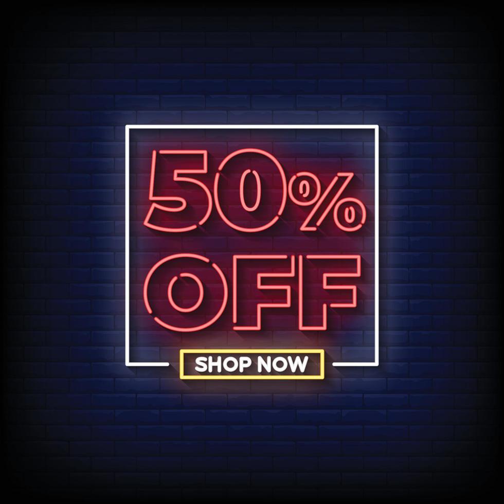 Neon Sign 50 percent shop now with brick wall background vector