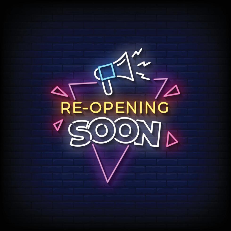 Neon Sign re-opening soon with brick wall background vector