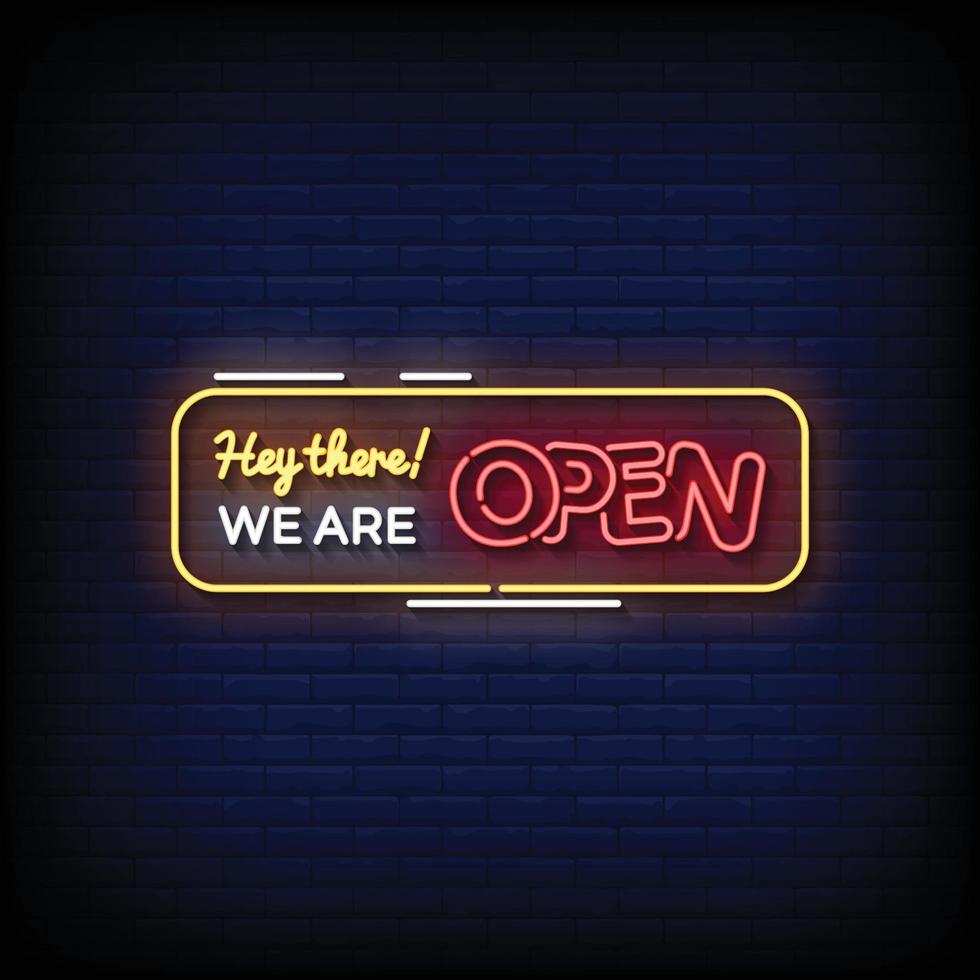 Neon Sign we are open with brick wall background vector