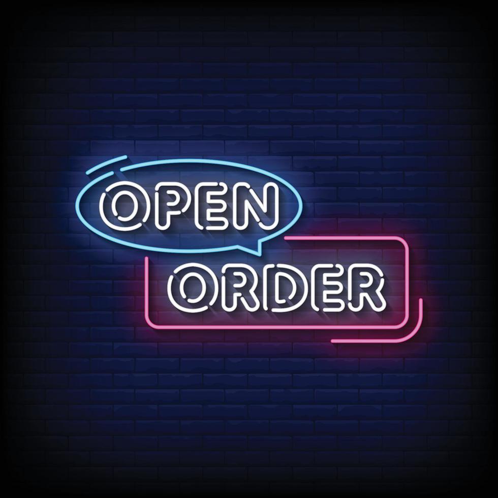 Neon Sign open order with brick wall background vector