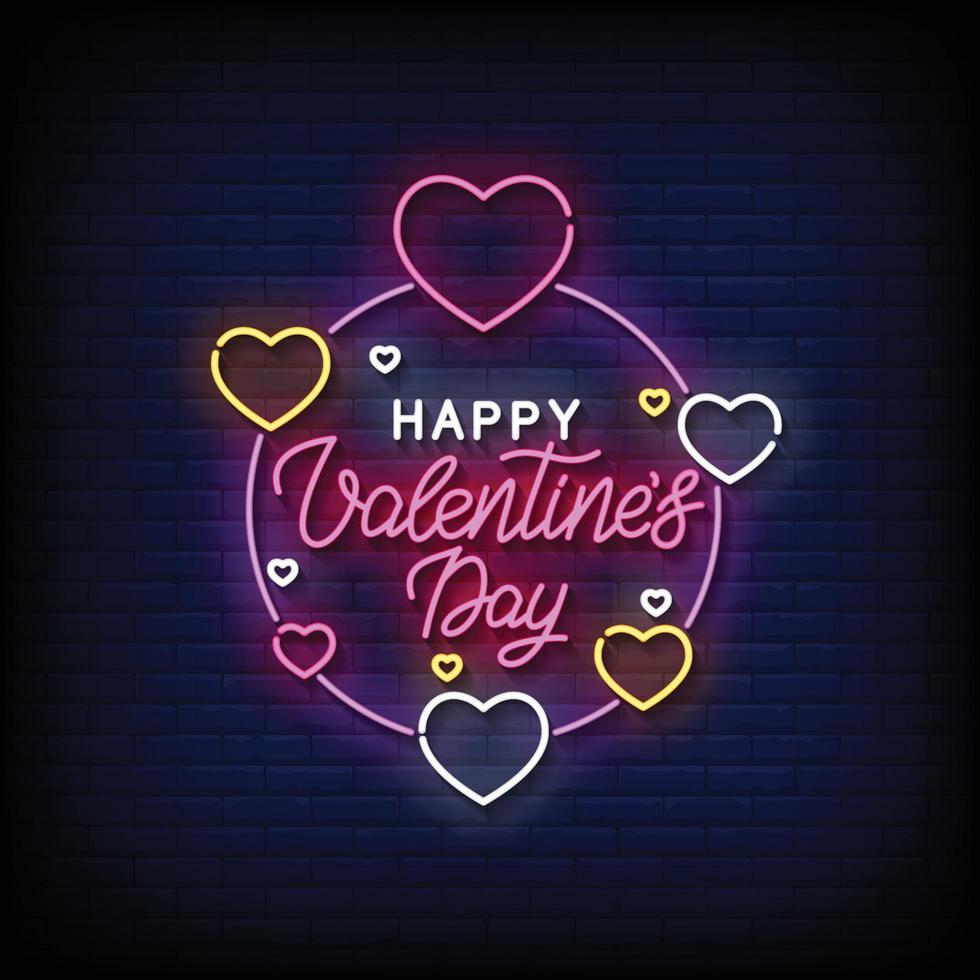 Neon Sign happy valentine day with brick wall background vector