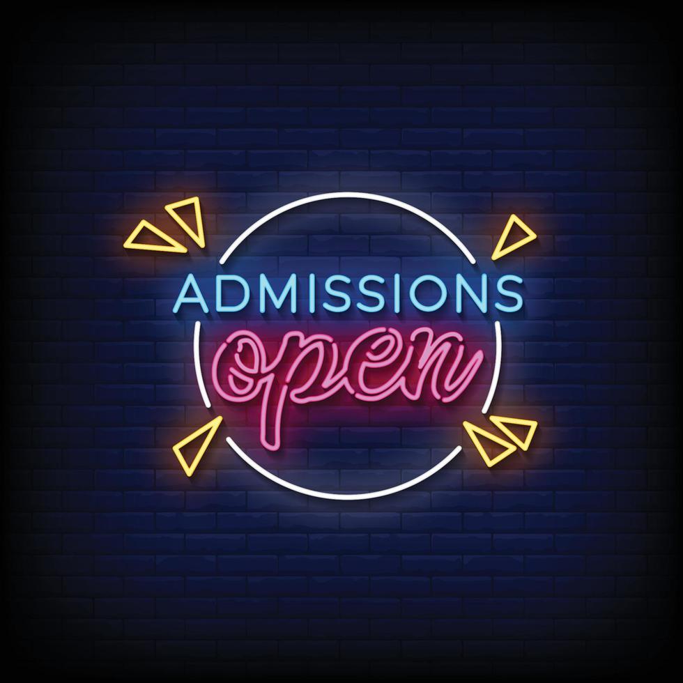 Neon Sign admissions open with brick wall background vector