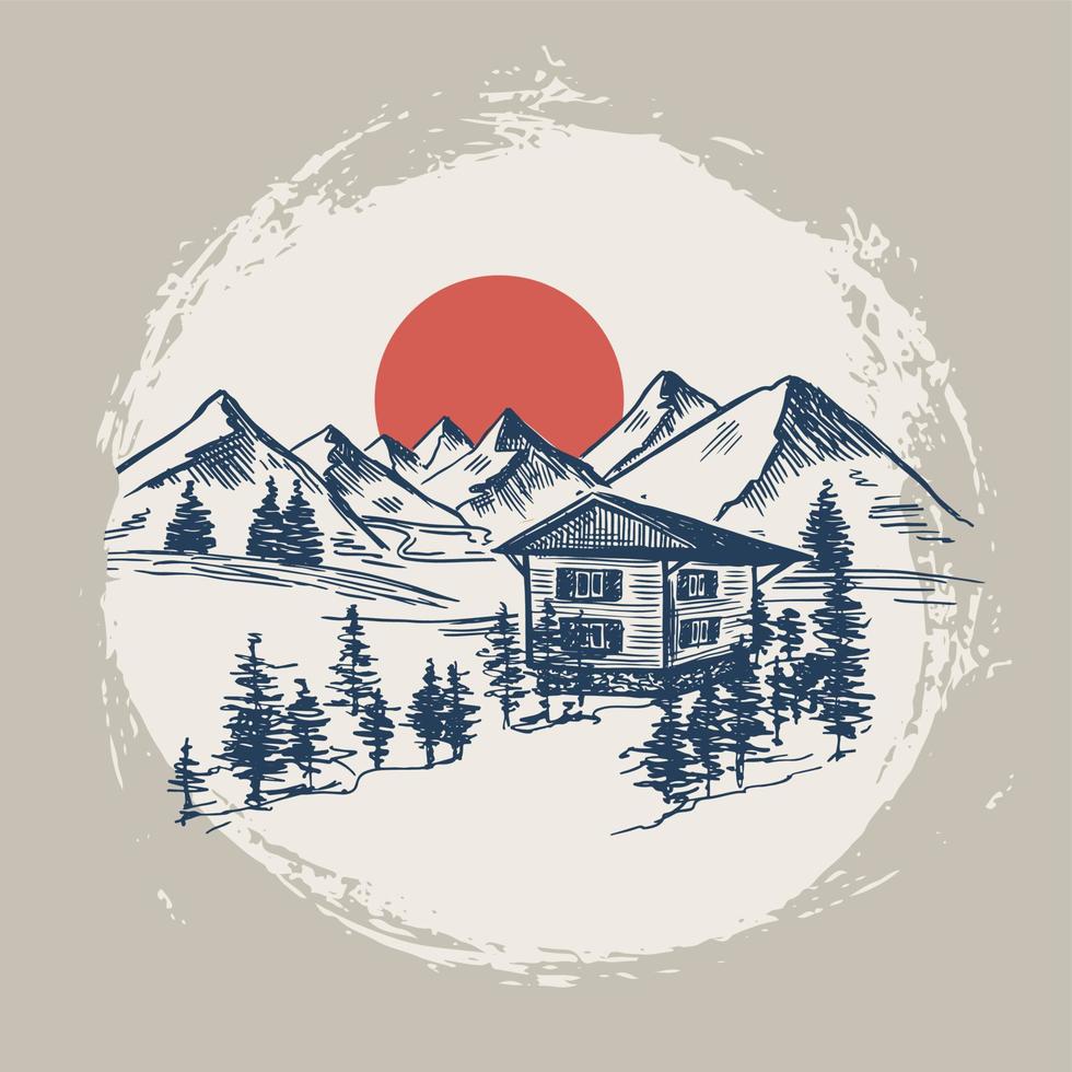 Sketch Camping in nature set, Mountain landscape, vector illustrations.