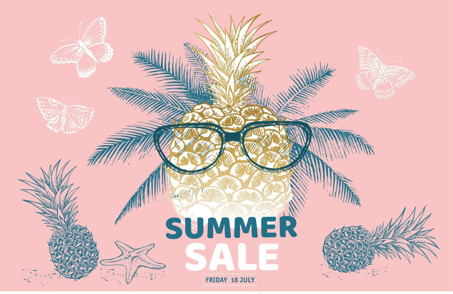 Hello Summer, palm tree, glasses, pineapple. Hand drawn illustration. vector