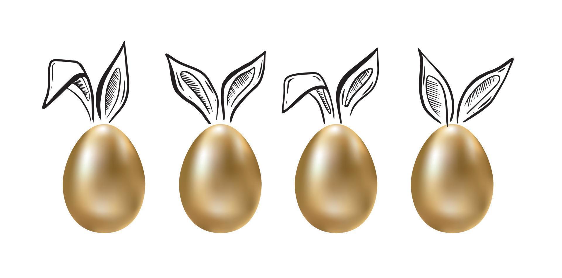Happy Easter. Set of rabbits's ears. Gold eggs. Hand drawn illustration vector