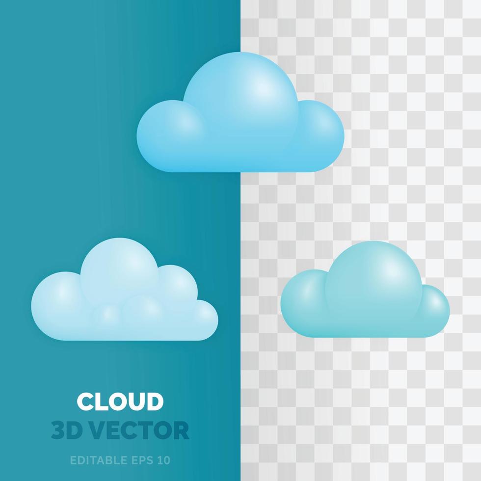 Tres variante nube formas vector ilustración en 3d lustroso y el plastico estilo. para tecnología tal como nube bases de datos, servidores y hospedaje para educación tal como letras y ciencias