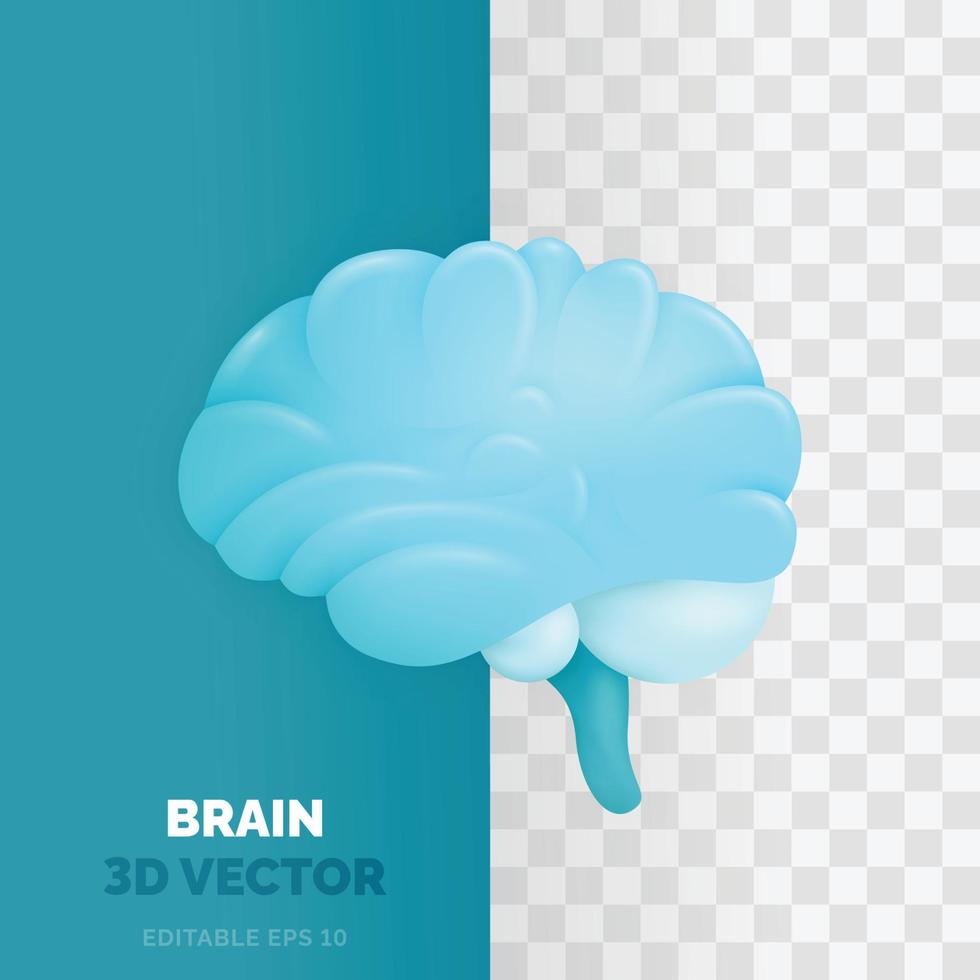 DETAILED BRAIN SHAPE vector illustration in 3d glossy and plastic style. For learning, educational and scientific purposes. Technology in artificial intelligence development.