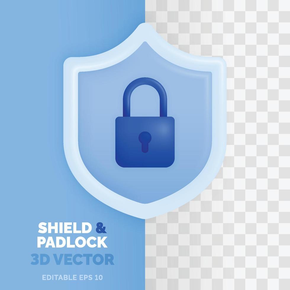 SHIELD and PADLOCK vector illustration in 3d glossy and plastic style. For security, protection and safety purposes in technology and financial transactions.