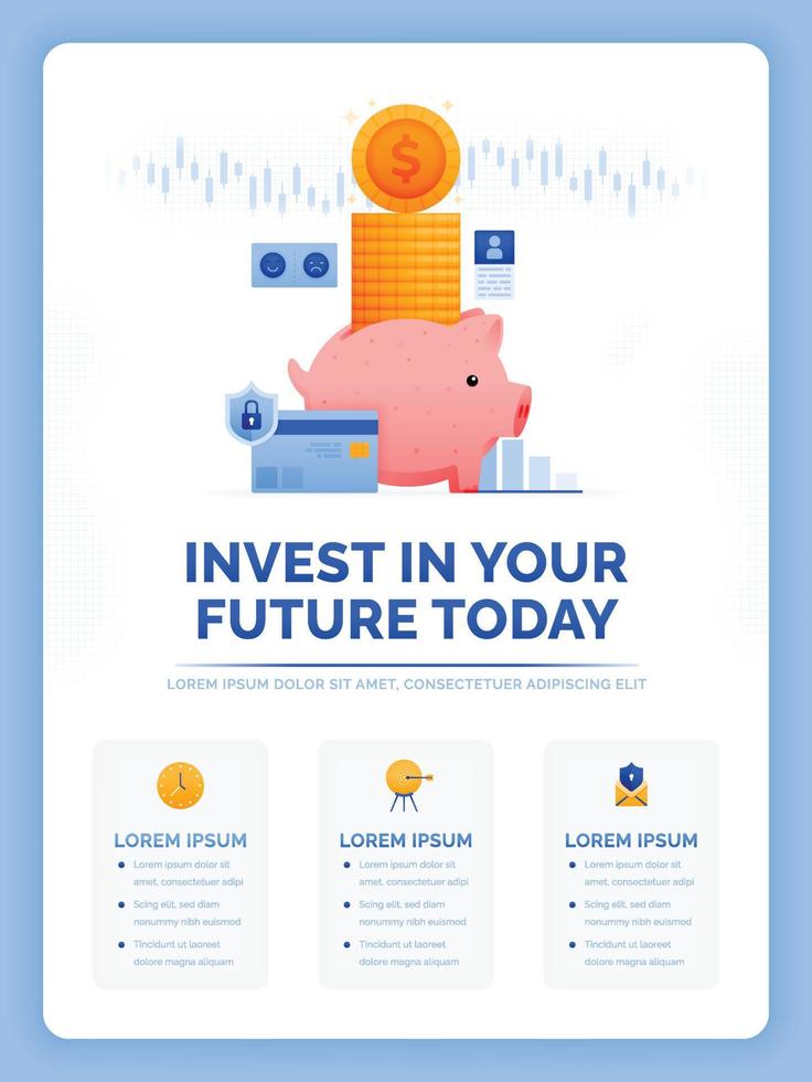 Vector illustration of invest in your future. Building wealth with piggy banks. Benefits of saving helps achieve financial freedom goals. Can use for ads, poster, campaign, website, apps, social media