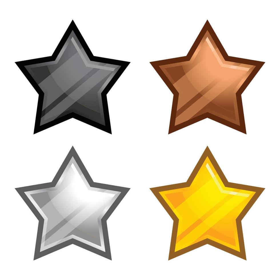 Stars collection realistic cute cartoon style vector illustration. Different color set collection. Black, bronze, silver, gold, yellow star. Isolated on white background