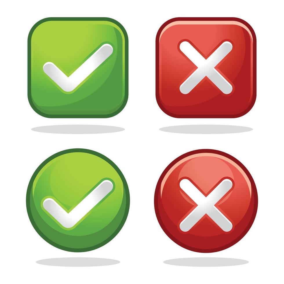 cartoon right and wrong 3D Button. A set of glossy round icons with a check mark, a sign of the cross. 3d minimalist style. Symbols of acceptance, rejection and attention. Vector illustration.