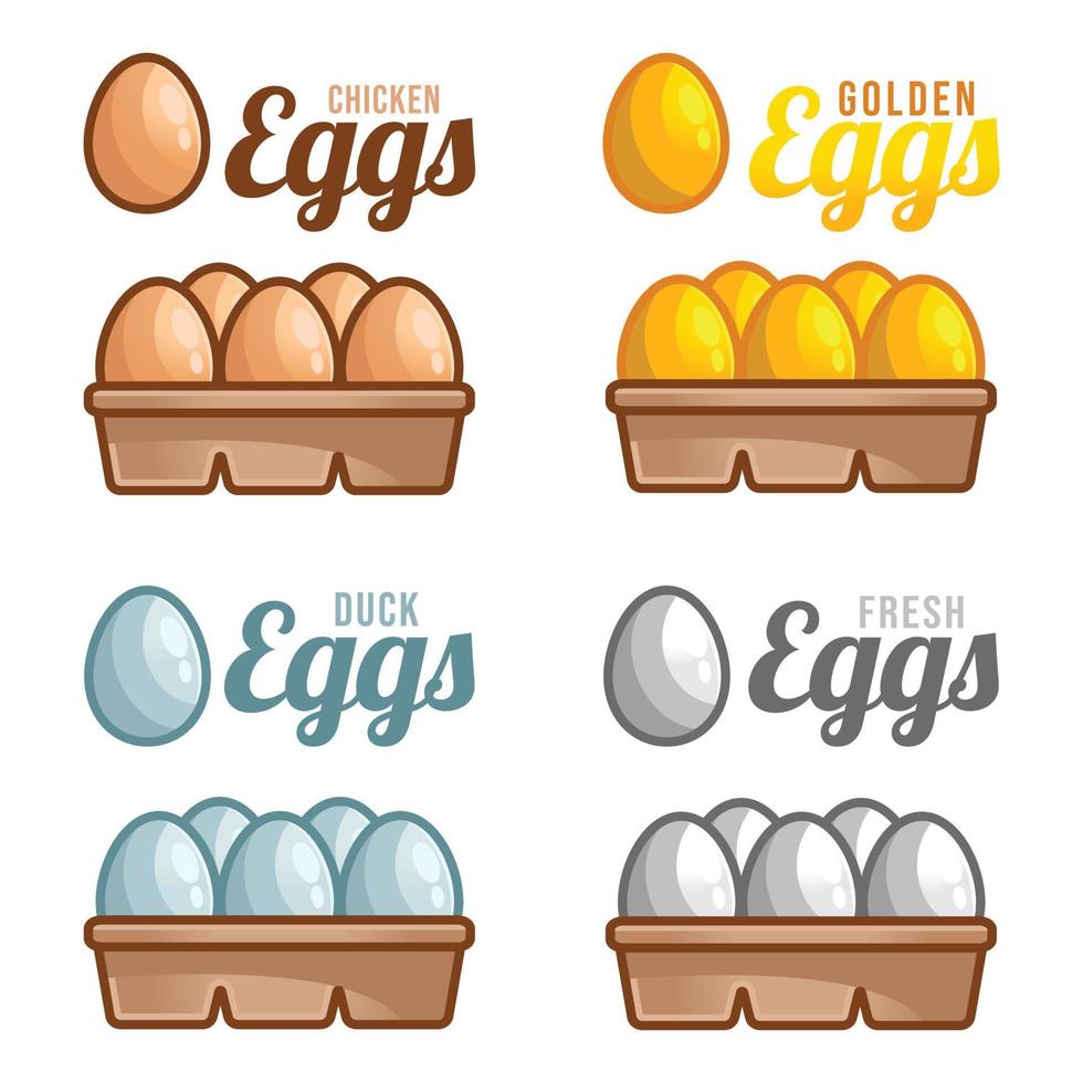 Set of eggs, isolated on white background. Vector cartoon 3d flat design illustration collection template. Fresh, duck, chicken, golden egg on cartoon tray packaging.