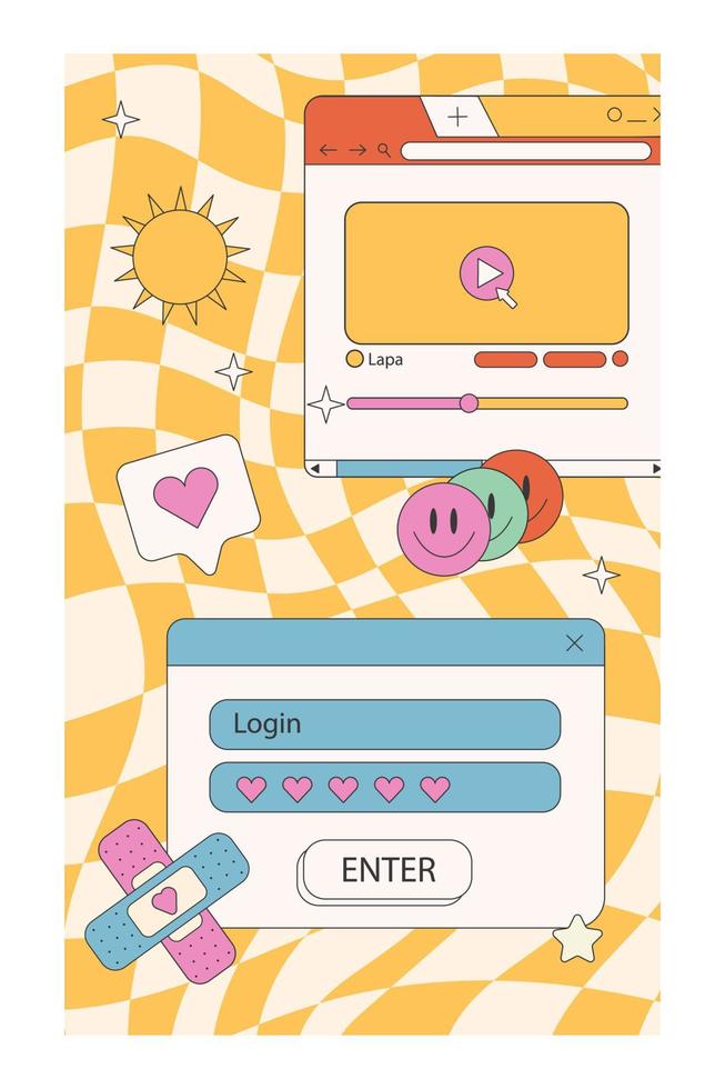 Cute nostalgic 90s retro vaporwave post and story template. Social media stories and posts with old computer aesthetic ui elements vector set. Vector Illustration of retro groovy abstract interface.