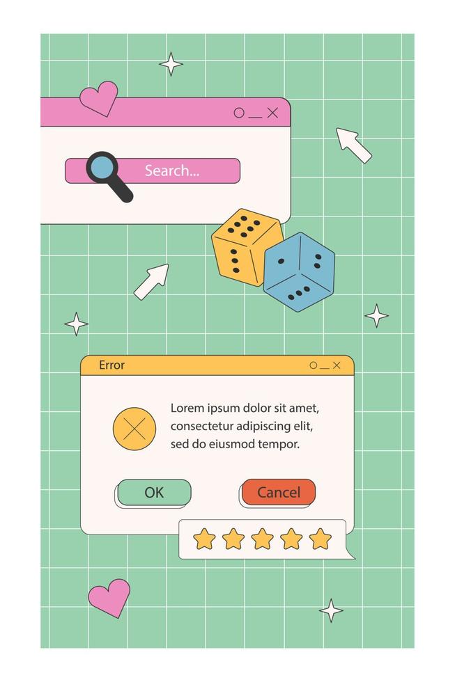 Cute nostalgic 90s retro vaporwave post and story template. Social media stories and posts with old computer aesthetic ui elements vector set. Vector Illustration of retro groovy abstract interface.