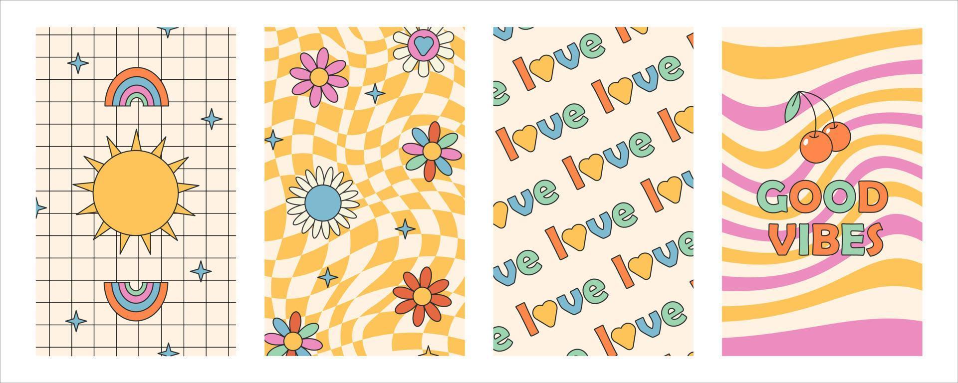 Groovy hippie 70s posters. Funny cartoon flower, rainbow, love, daisy etc. Vector cards in trendy retro psychedelic cartoon style. Vector stock backgrounds. Flower power. Good vibes.