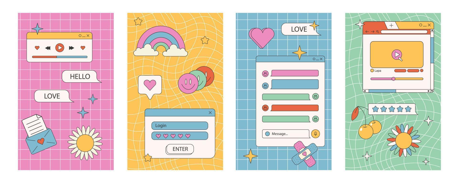 Cute nostalgic 90s retro vaporwave post and story template. Social media stories and posts with old computer aesthetic ui elements vector set. Vector Illustration of retro groovy abstract interface.