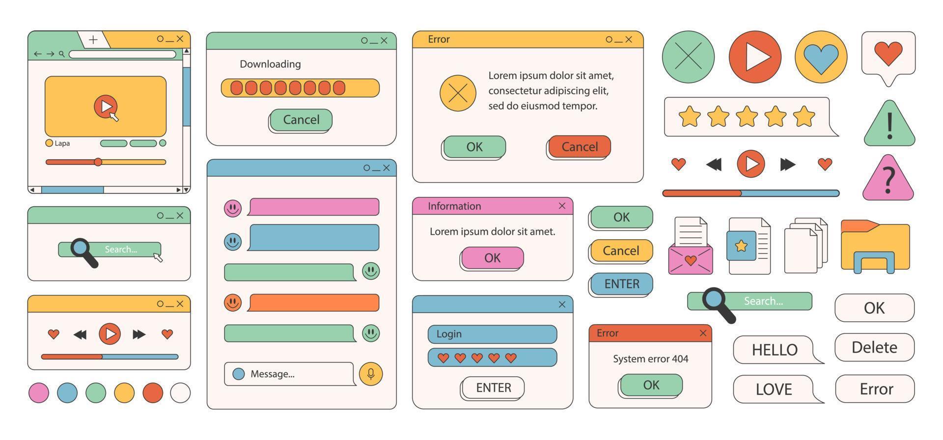 90s retro vaporwave old desktop user interface elements. Cute nostalgic computer ui, vintage aesthetic icons and windows vector set. 90s interface digital, retro window computer stock illustration